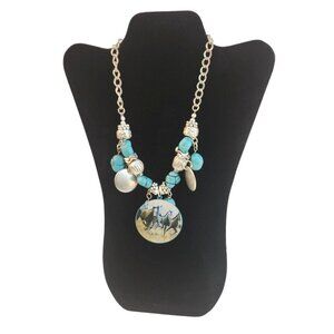 Western Silver & Turquoise Colored Necklace With Horse Pendant & Beads Western C